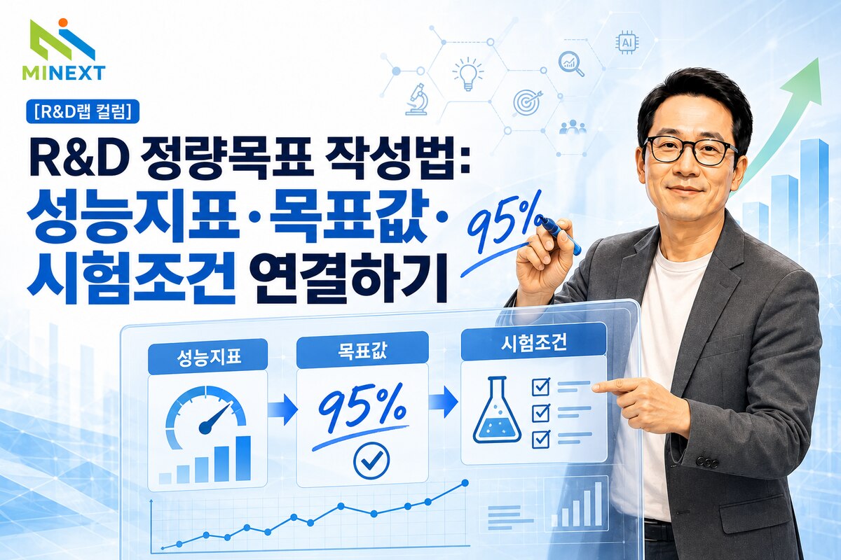 멘토K가 R&D 성능지표·목표값·시험조건 보드에 정량목표 95%를 작성하고 연결 구조를 설명하는 모습