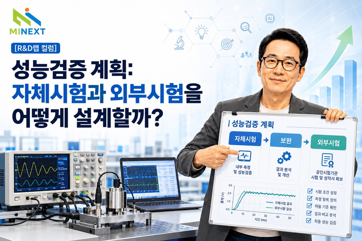 멘토K가 측정 장비 옆에서 자체시험·보완·외부시험 순서의 R&D 성능검증 계획을 설명하는 모습